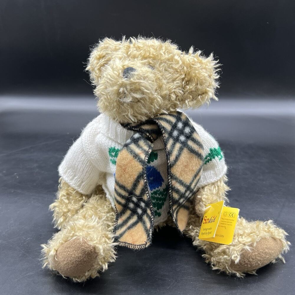 Vintage Sunkid Teddy Bear 11" Stuffed Plush Animal Germany Plaid Scarf Sweater